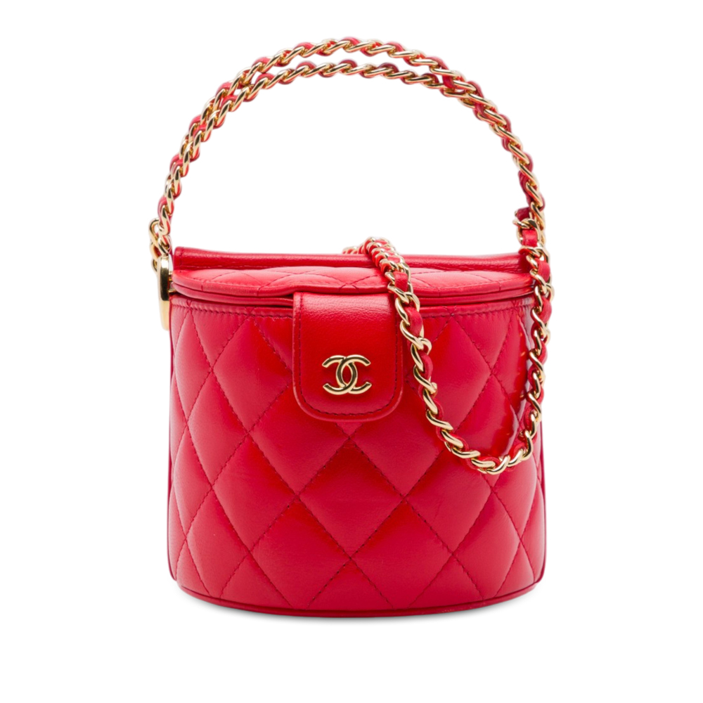 Pre-Loved Chanel CC Quilted Lambskin Top Handle Round Vanity Case with Chain